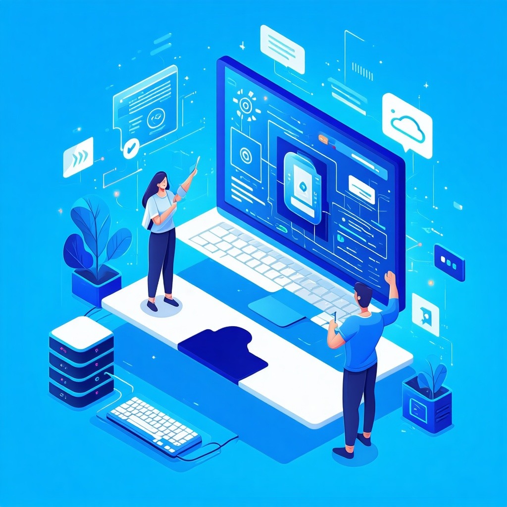 professional cartoon, tech theme, website image, support, blue, no people